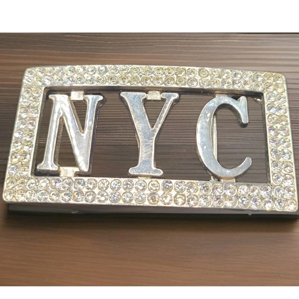 Vintage Chrome "NYC"  Belt Buckle Bling New York City Rhinestones 3.75" x 2"